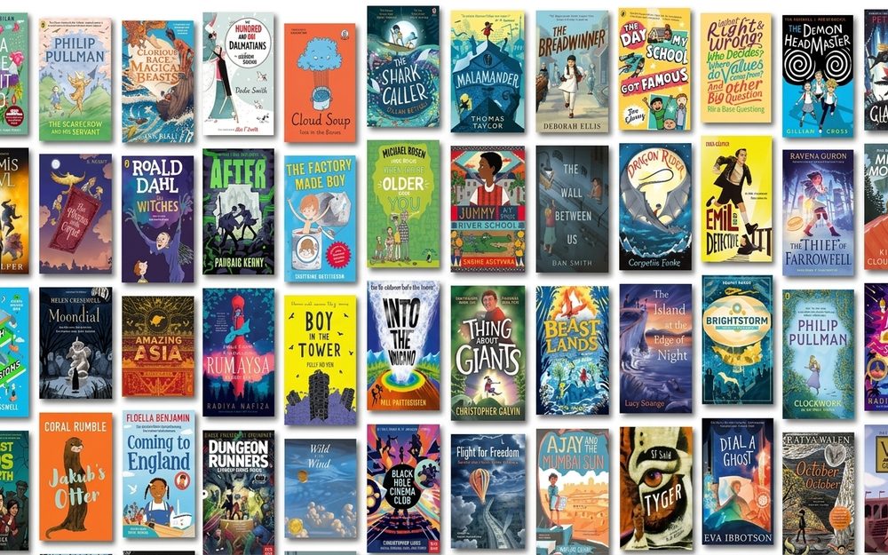 Covers from a library of children's books, arranged in a grid
