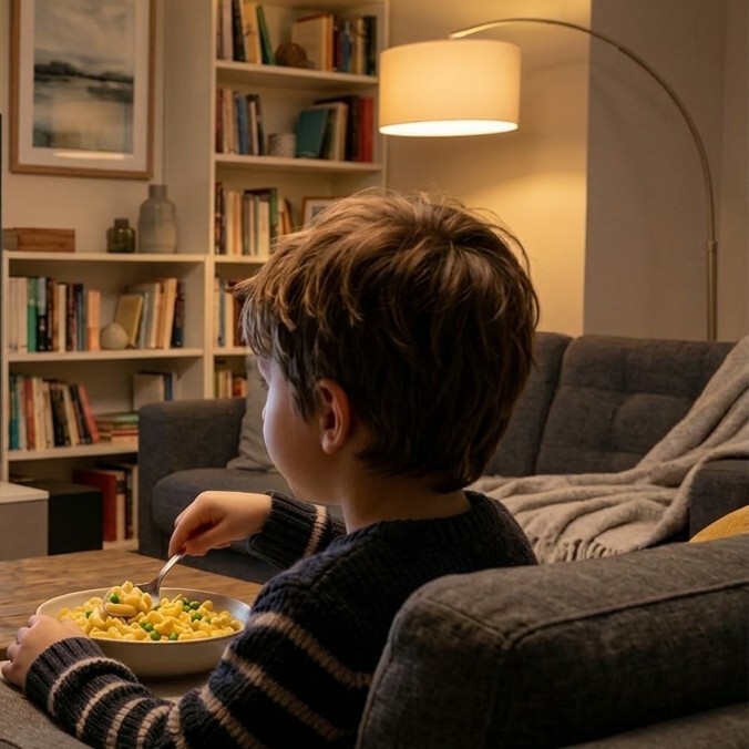 A child mid-meal on the sofa at home, eyes on the television off-camera
